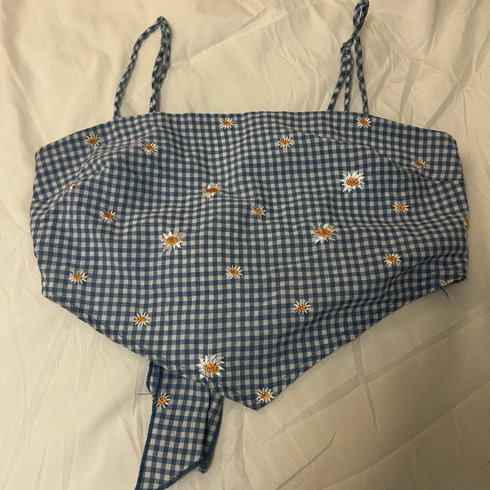 Blue Gingham Floral Crop Top